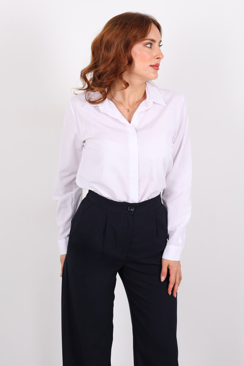 Gizli Patlı Yakalı Beyaz Kadın Gömlek - 4