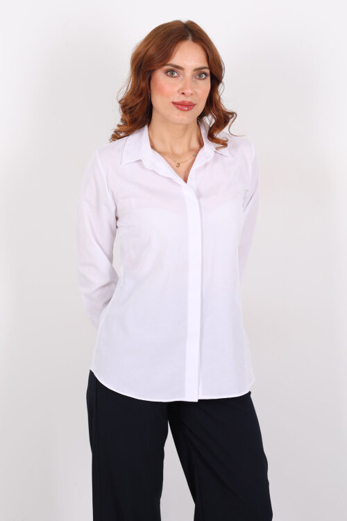 Gizli Patlı Yakalı Beyaz Kadın Gömlek - 5