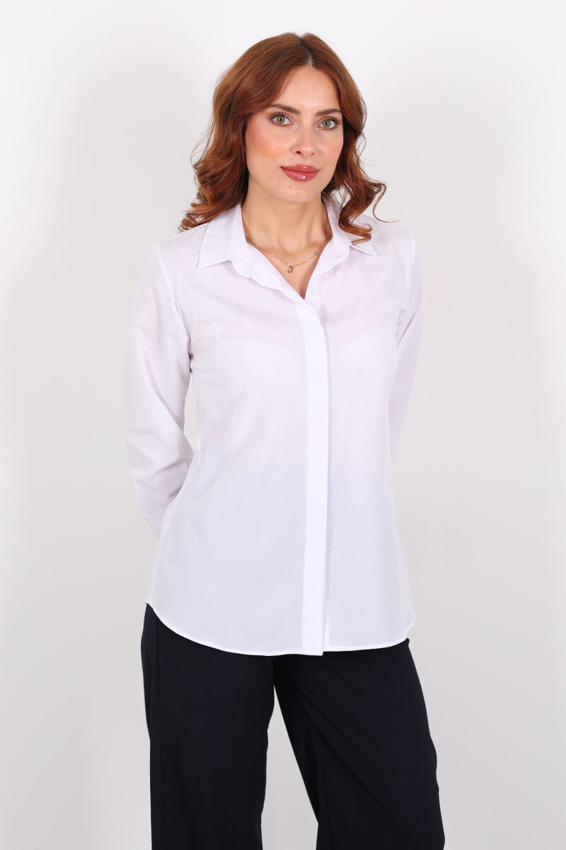 Gizli Patlı Yakalı Beyaz Kadın Gömlek - 5