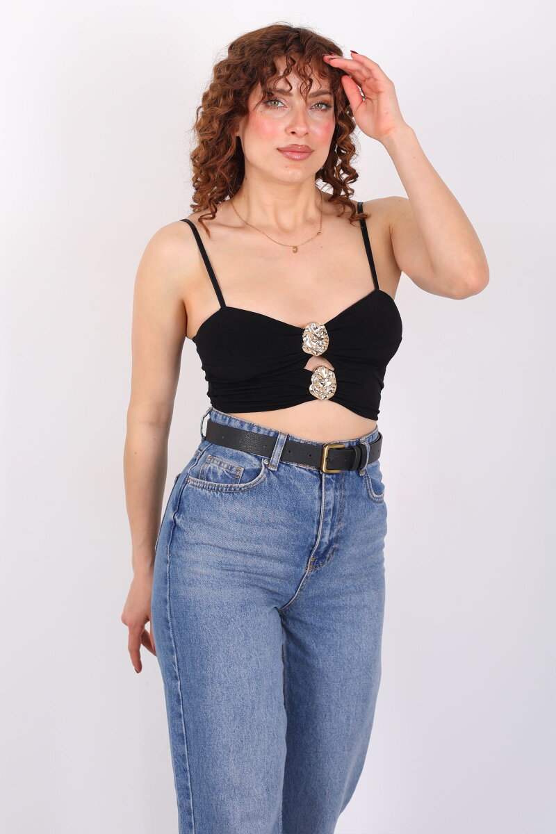 Göğüs Dekolteli Aksesuar Detaylı Siyah Kadın Büstiyer - 1