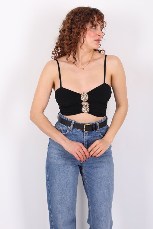 Göğüs Dekolteli Aksesuar Detaylı Siyah Kadın Büstiyer - 4