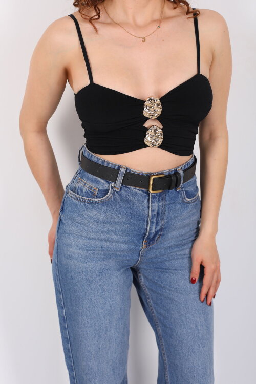 Göğüs Dekolteli Aksesuar Detaylı Siyah Kadın Büstiyer - Berox (1)