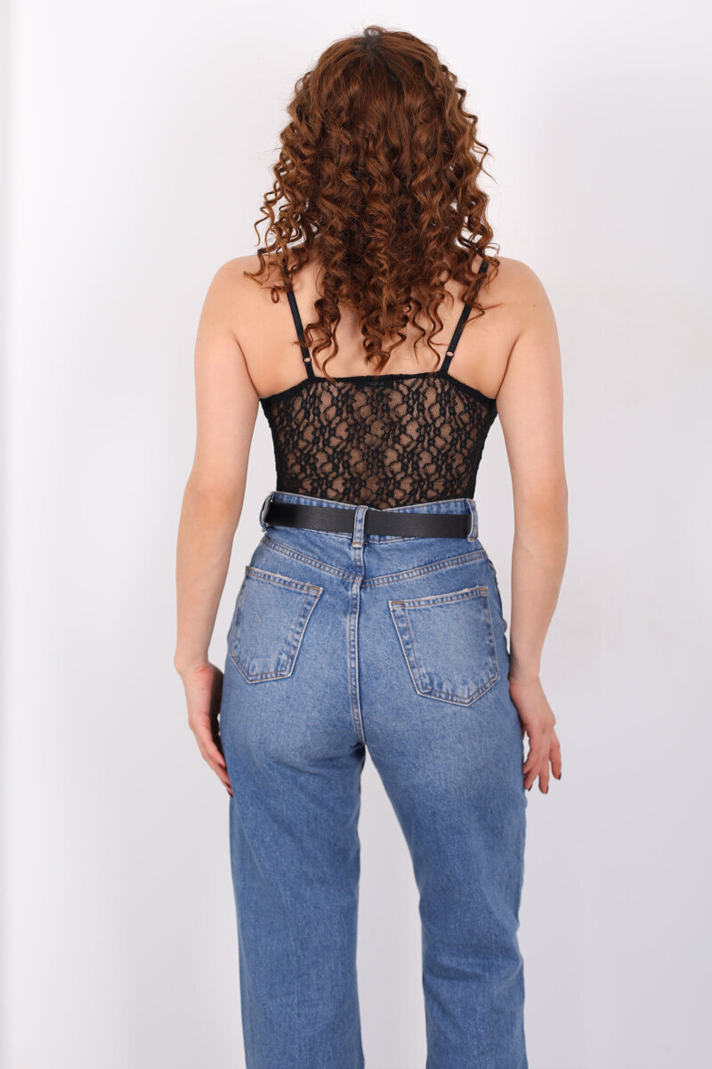 Göğüs Dekolteli Bağlamalı Dantel Siyah Kadın Çıtçıtlı Body - 2