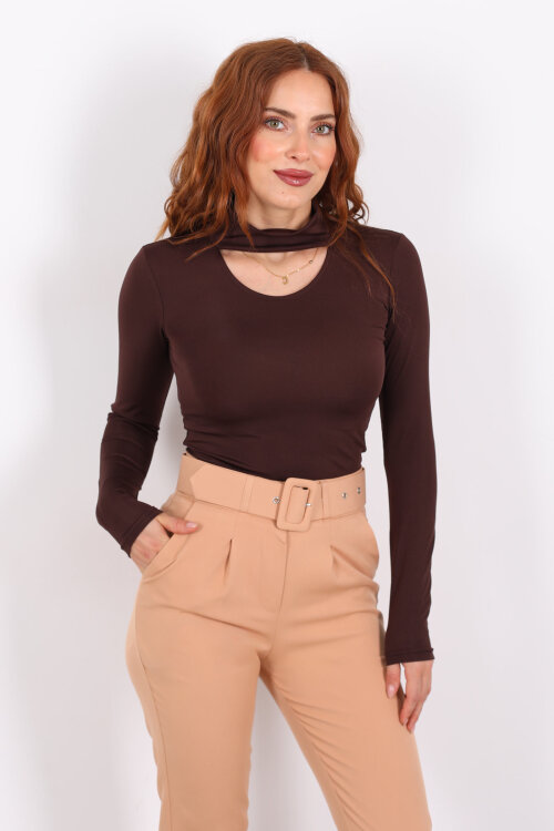 Göğüs Detaylı Balıkçı Uzun Kol Acı Kahve Kadın Bluz - 5