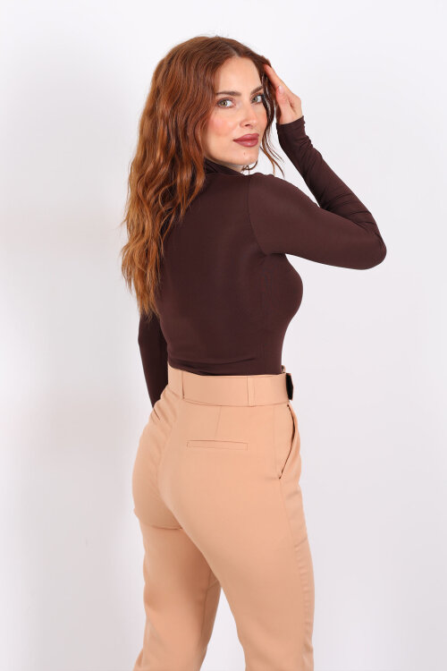 Göğüs Detaylı Balıkçı Uzun Kol Acı Kahve Kadın Bluz - 4