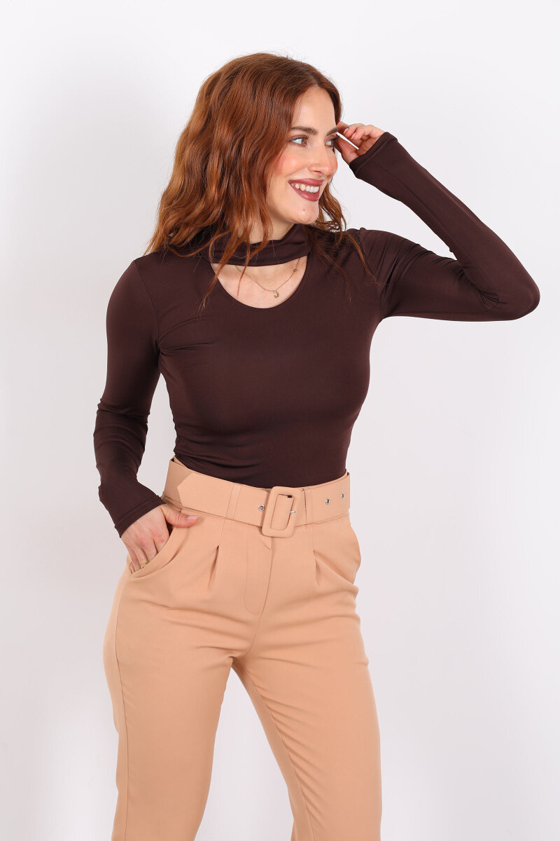 Göğüs Detaylı Balıkçı Uzun Kol Acı Kahve Kadın Bluz - 1