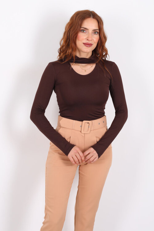 Göğüs Detaylı Balıkçı Uzun Kol Acı Kahve Kadın Bluz - 3