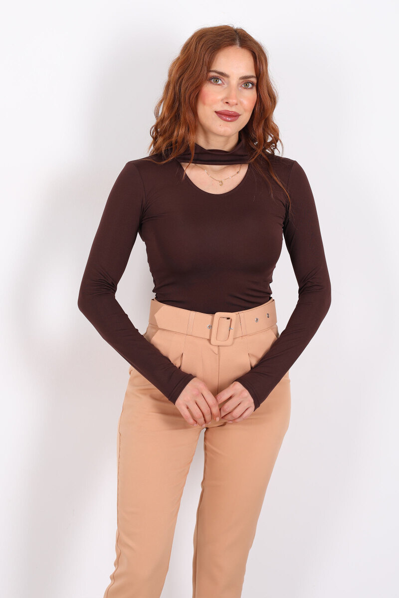 Göğüs Detaylı Balıkçı Uzun Kol Acı Kahve Kadın Bluz - 3