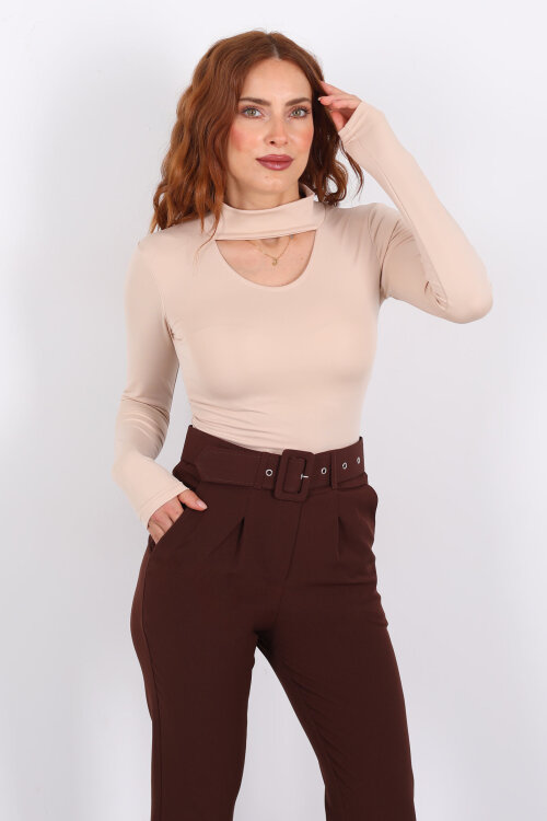 Göğüs Detaylı Balıkçı Uzun Kol Bej Kadın Bluz - Berox