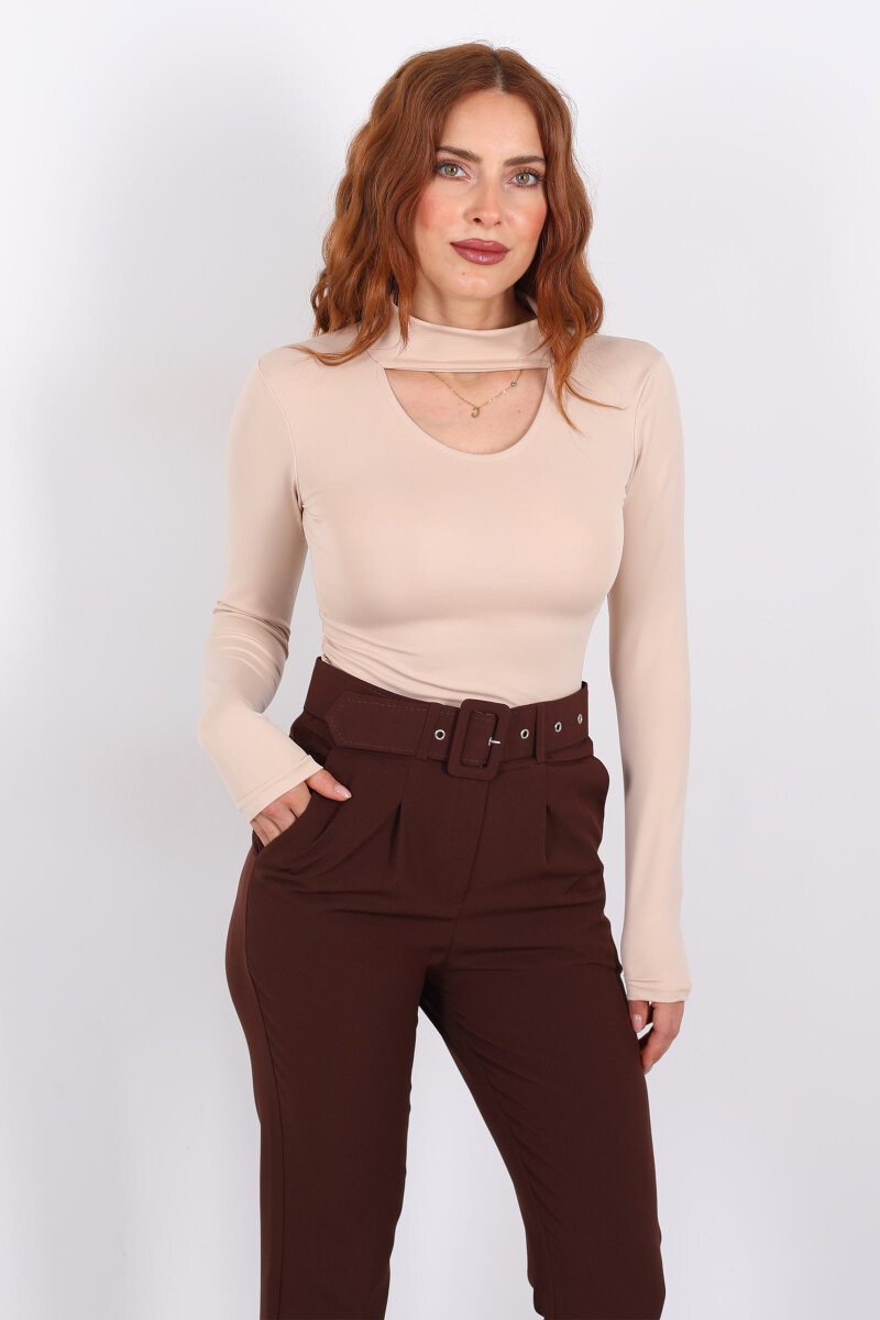 Göğüs Detaylı Balıkçı Uzun Kol Bej Kadın Bluz - 5