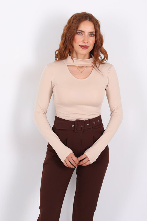 Göğüs Detaylı Balıkçı Uzun Kol Bej Kadın Bluz - 3