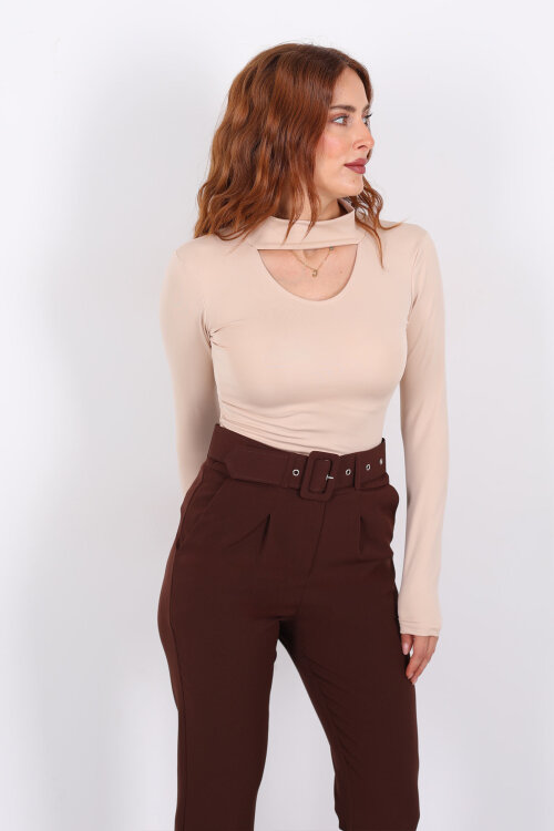 Göğüs Detaylı Balıkçı Uzun Kol Bej Kadın Bluz - 4