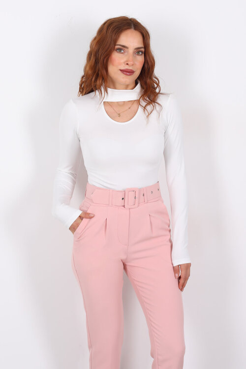 Göğüs Detaylı Balıkçı Uzun Kol Beyaz Kadın Bluz - 6