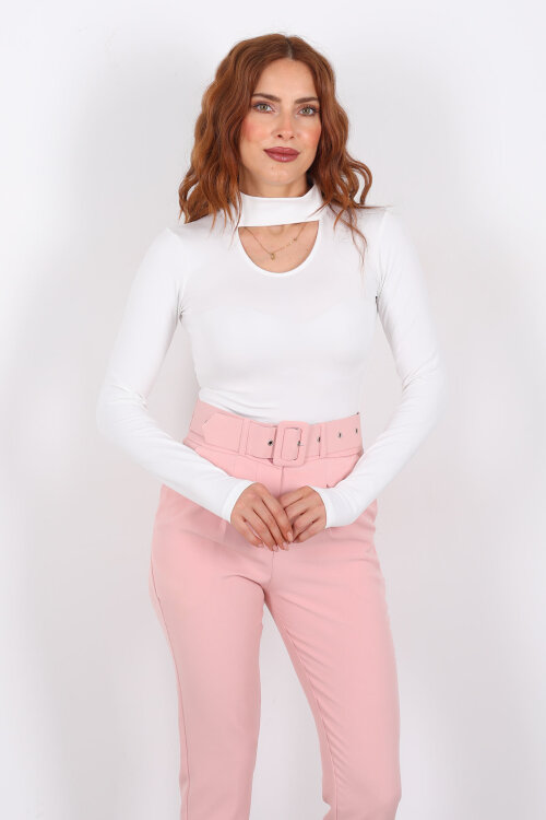 Göğüs Detaylı Balıkçı Uzun Kol Beyaz Kadın Bluz - 3