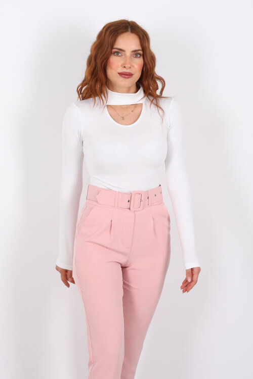 Göğüs Detaylı Balıkçı Uzun Kol Beyaz Kadın Bluz - 4