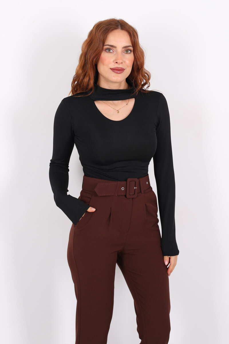 Göğüs Detaylı Balıkçı Uzun Kol Siyah Kadın Bluz - 3