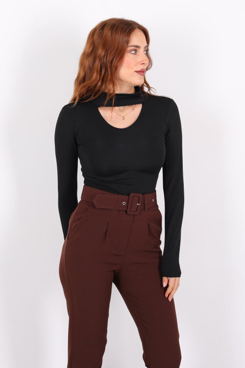 Göğüs Detaylı Balıkçı Uzun Kol Siyah Kadın Bluz - 4