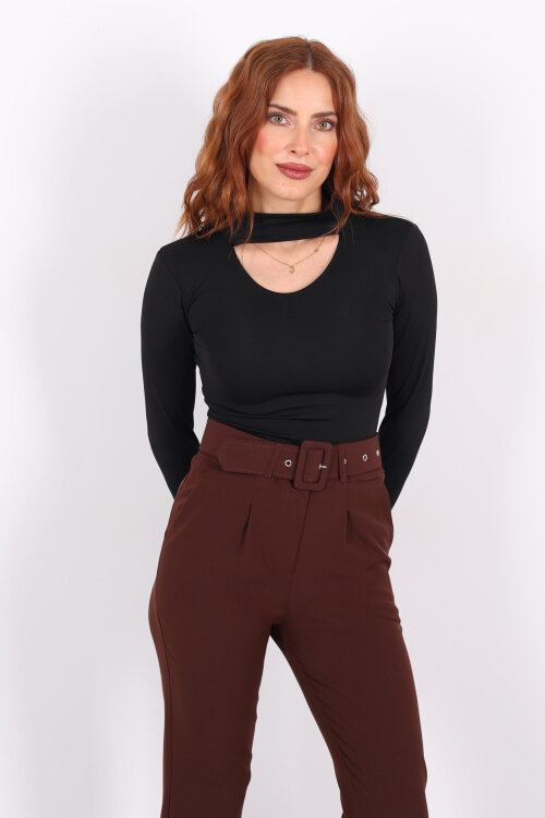 Göğüs Detaylı Balıkçı Uzun Kol Siyah Kadın Bluz - 6