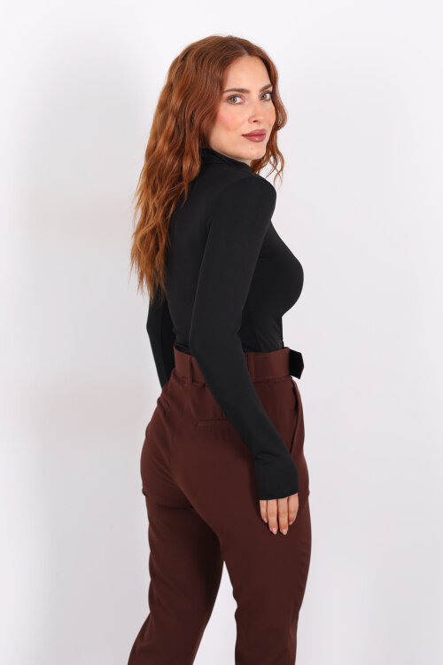 Göğüs Detaylı Balıkçı Uzun Kol Siyah Kadın Bluz - 5