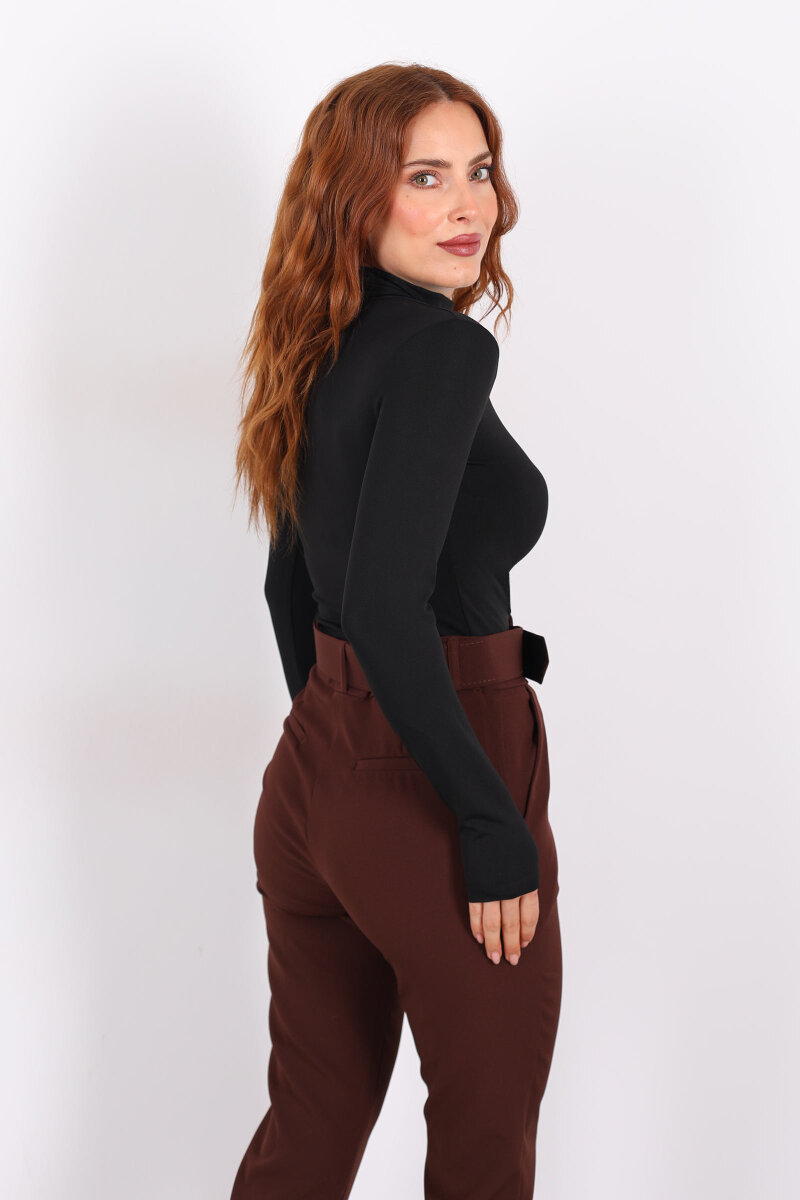 Göğüs Detaylı Balıkçı Uzun Kol Siyah Kadın Bluz - 5