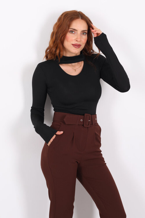 Göğüs Detaylı Balıkçı Uzun Kol Siyah Kadın Bluz - Berox