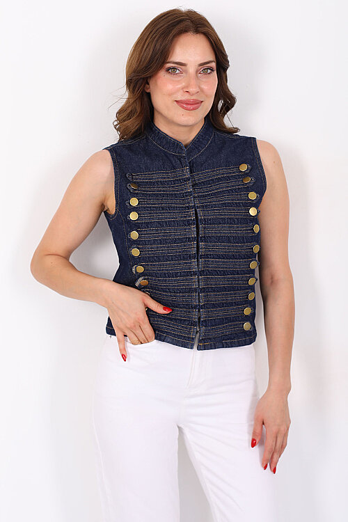 Gold Düğme Detaylı Kolsuz Lacivert Denim Kadın Yelek - 3