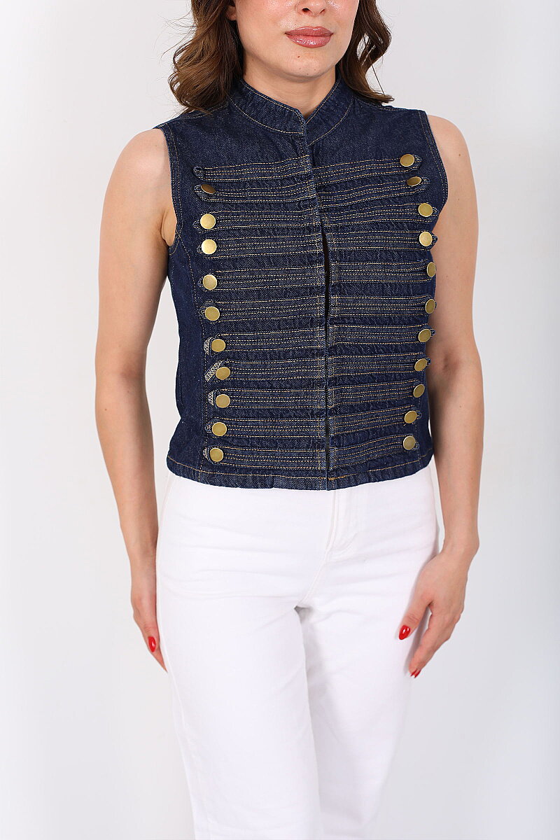 Gold Düğme Detaylı Kolsuz Lacivert Denim Kadın Yelek - 2