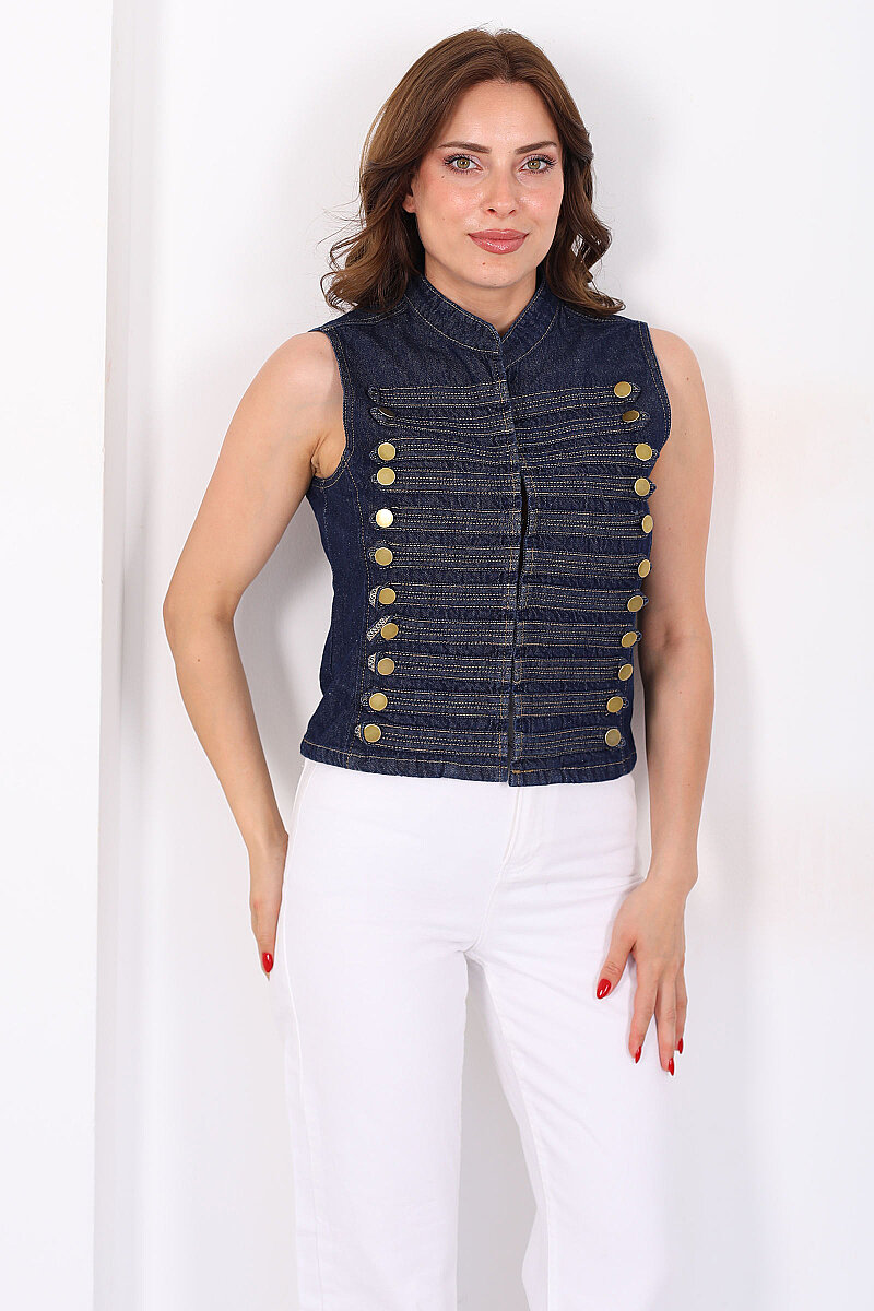 Gold Düğme Detaylı Kolsuz Lacivert Denim Kadın Yelek - 1