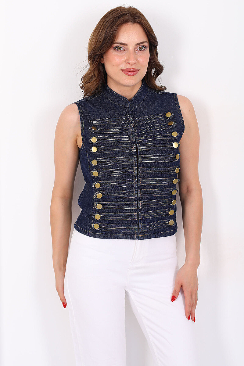 Gold Düğme Detaylı Kolsuz Lacivert Denim Kadın Yelek - 6