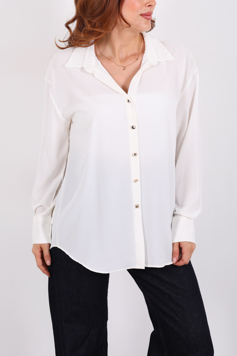Gold Düğmeli Beyaz Kadın Saten Gömlek - 2