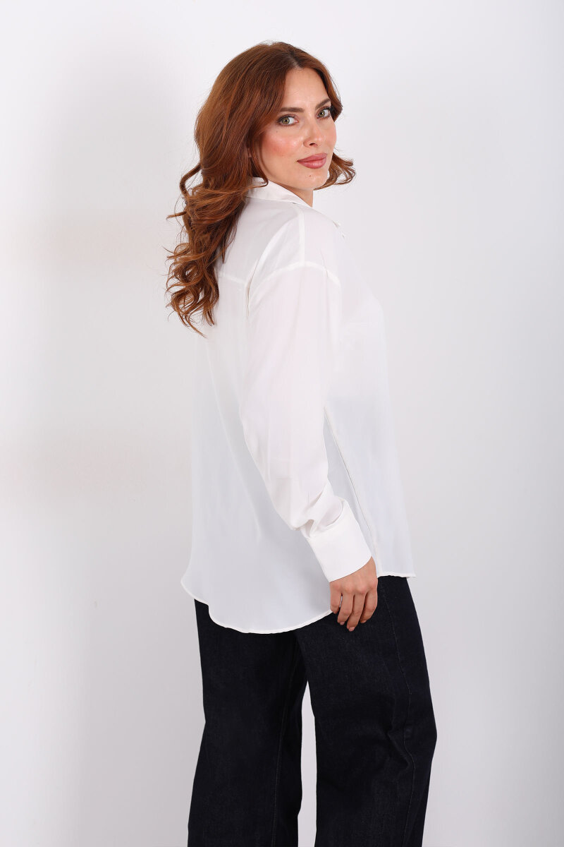 Gold Düğmeli Beyaz Kadın Saten Gömlek - 5