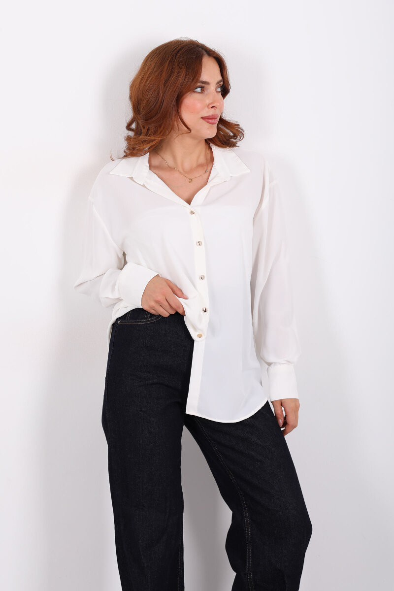 Gold Düğmeli Beyaz Kadın Saten Gömlek - 3