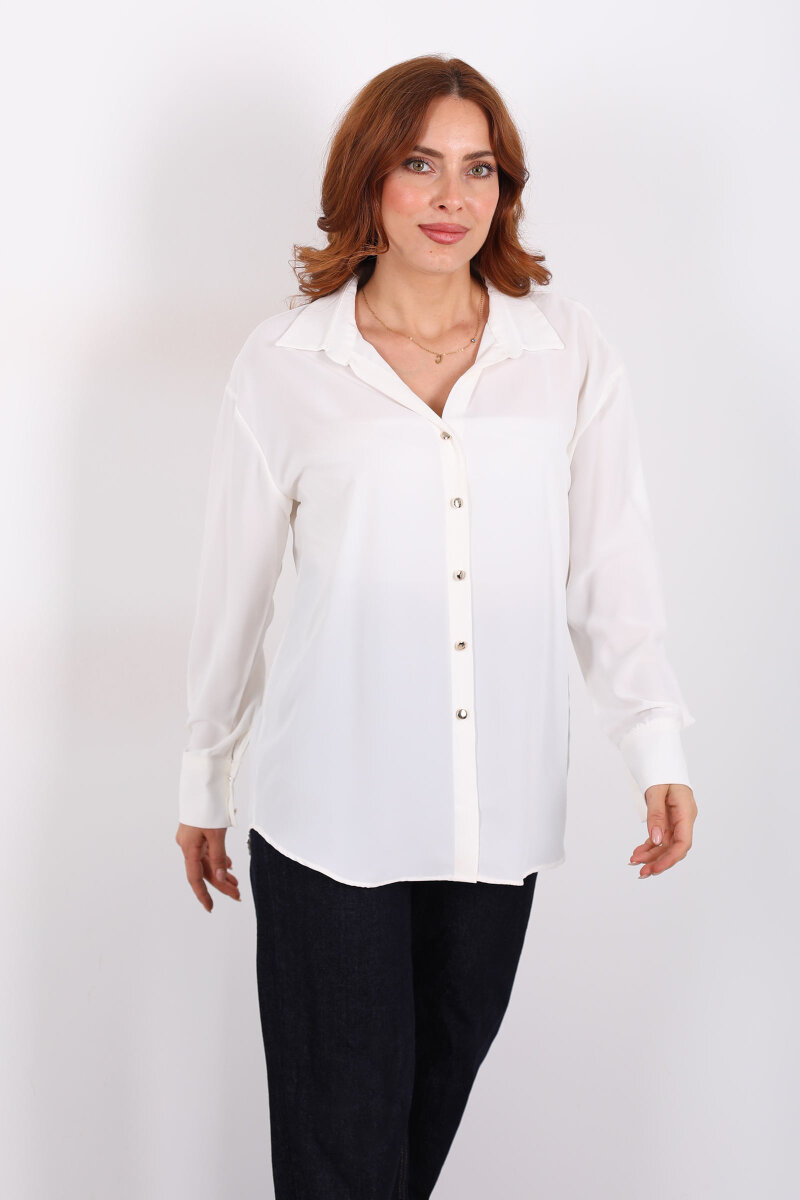 Gold Düğmeli Beyaz Kadın Saten Gömlek - 6