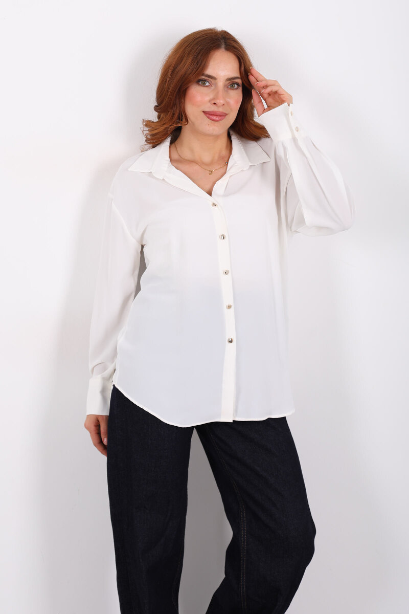 Gold Düğmeli Beyaz Kadın Saten Gömlek - 4