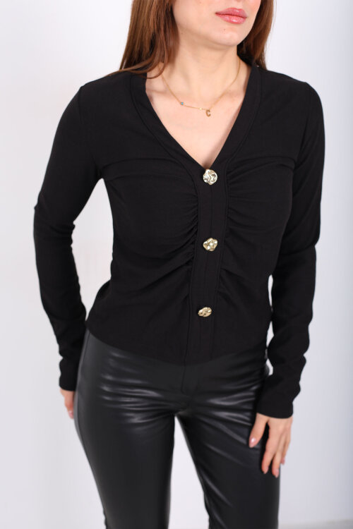 Gold Düğmeli Büzgülü V Yaka Kadın Siyah Bluz - Berox (1)