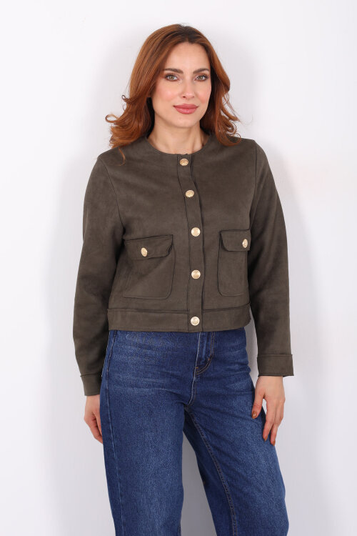 Gold Düğmeli Çift Cepli Haki Kadın Süet Ceket - 3