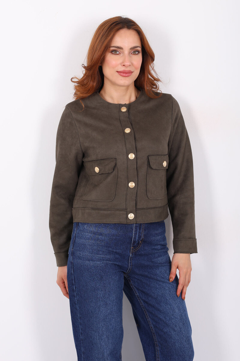 Gold Düğmeli Çift Cepli Haki Kadın Süet Ceket - 3