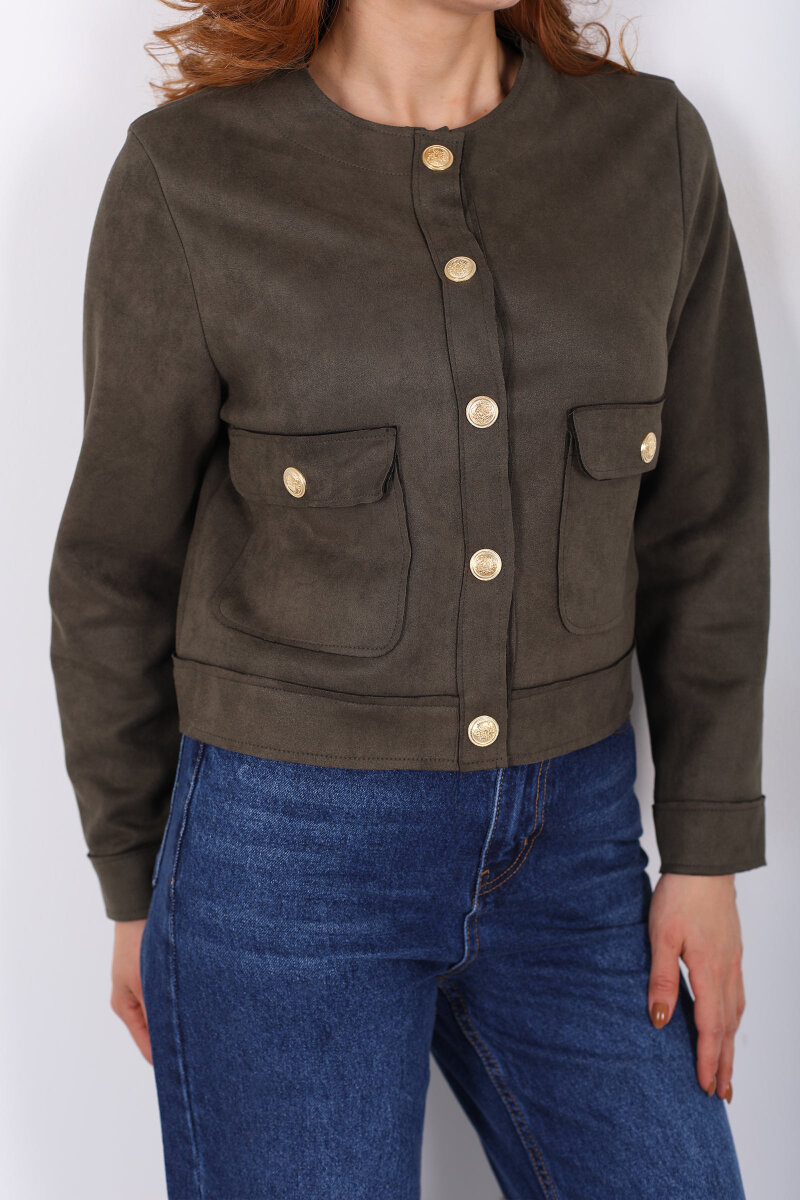 Gold Düğmeli Çift Cepli Haki Kadın Süet Ceket - 2
