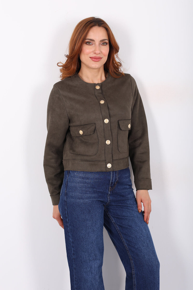 Gold Düğmeli Çift Cepli Haki Kadın Süet Ceket - 6