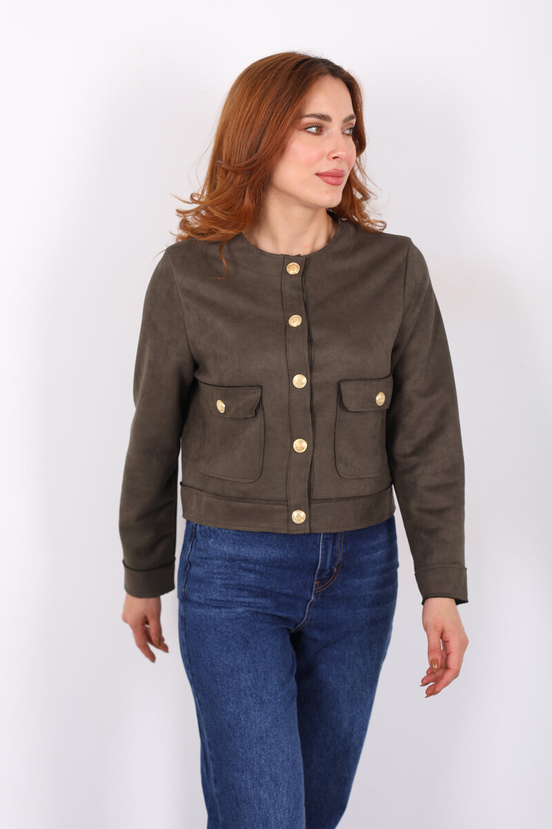 Gold Düğmeli Çift Cepli Haki Kadın Süet Ceket - 4