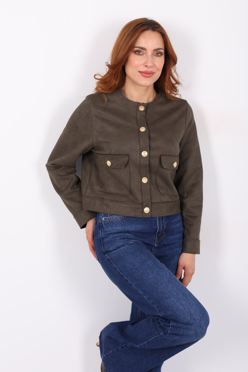 Gold Düğmeli Çift Cepli Haki Kadın Süet Ceket - 1