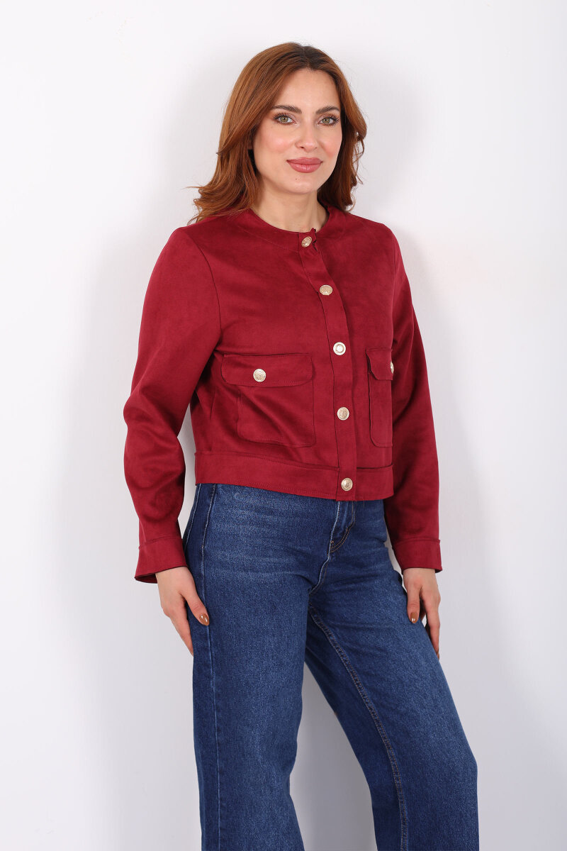 Gold Düğmeli Çift Cepli Mürdüm Kadın Süet Ceket - 6