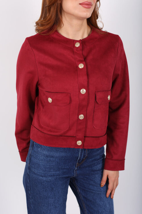 Gold Düğmeli Çift Cepli Mürdüm Kadın Süet Ceket - Berox (1)