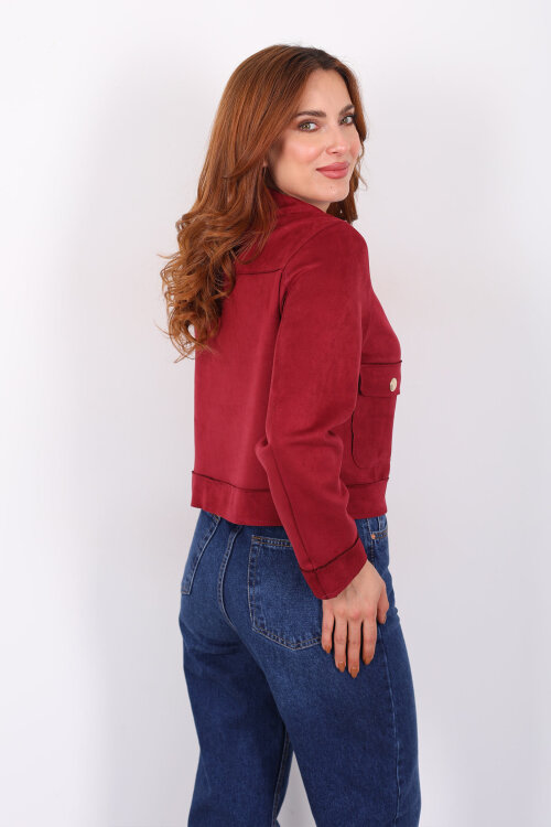 Gold Düğmeli Çift Cepli Mürdüm Kadın Süet Ceket - 5