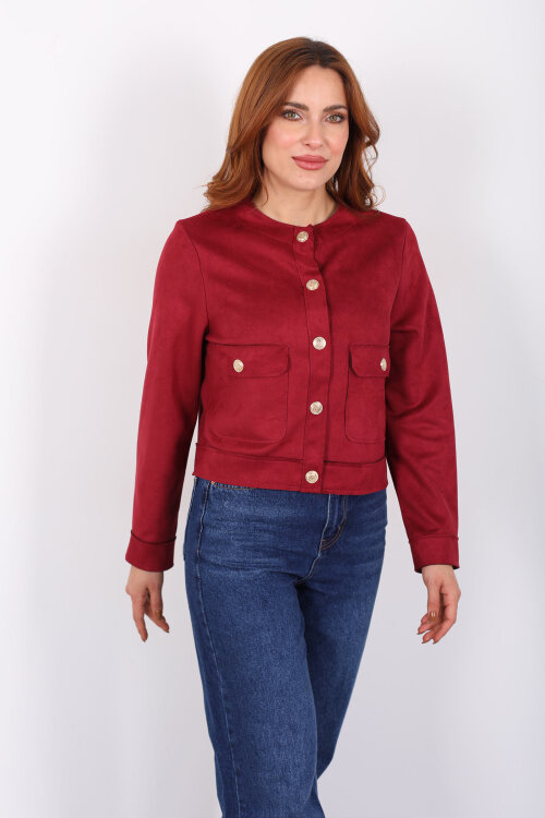 Gold Düğmeli Çift Cepli Mürdüm Kadın Süet Ceket - 3