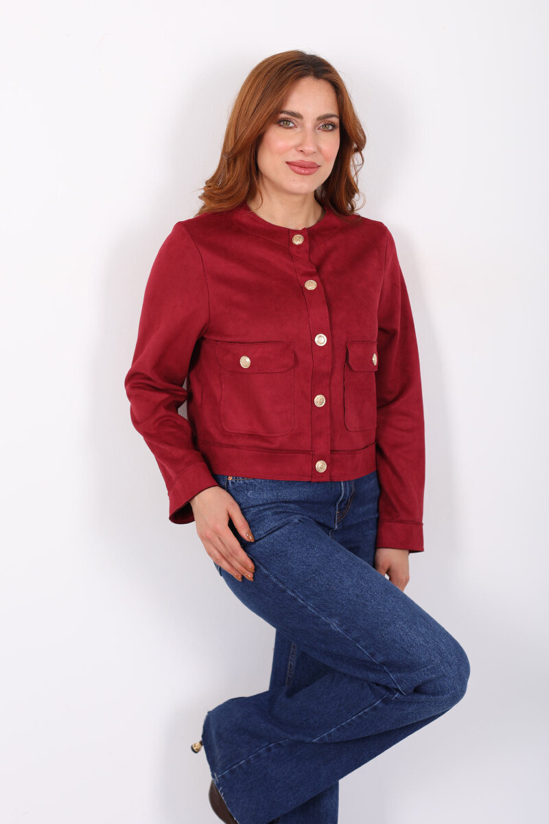 Gold Düğmeli Çift Cepli Mürdüm Kadın Süet Ceket - 1