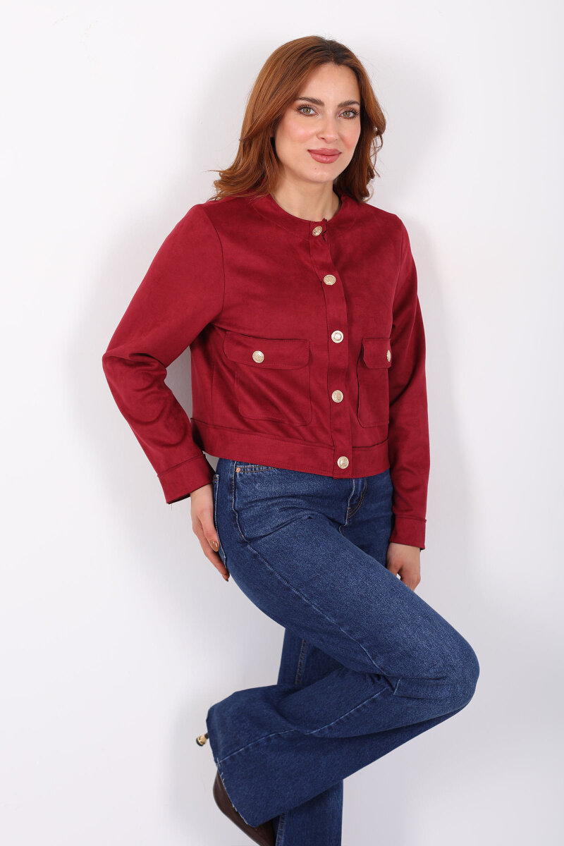 Gold Düğmeli Çift Cepli Mürdüm Kadın Süet Ceket - 4