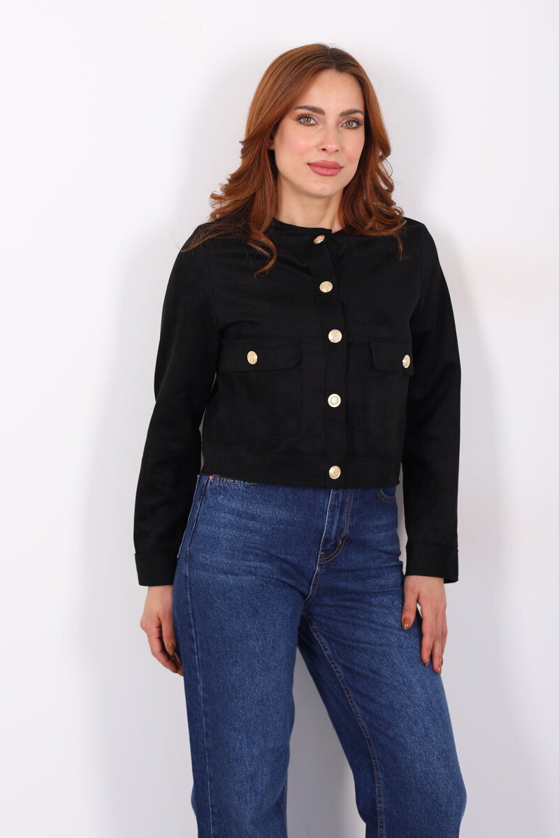 Gold Düğmeli Çift Cepli Siyah Kadın Süet Ceket - 3