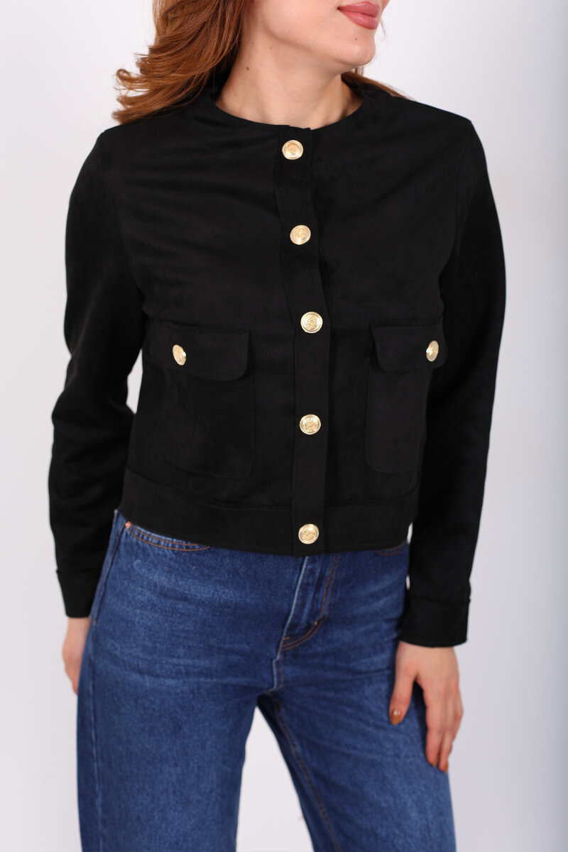 Gold Düğmeli Çift Cepli Siyah Kadın Süet Ceket - 2