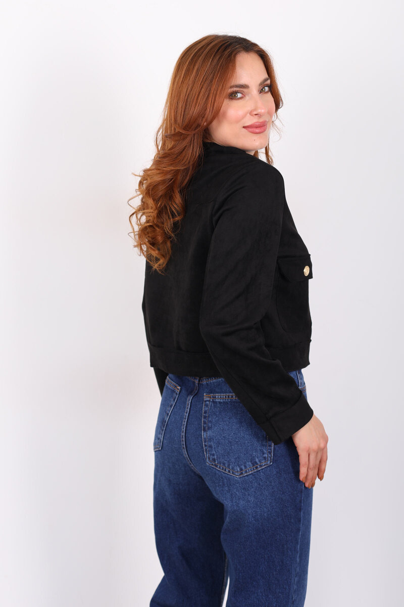 Gold Düğmeli Çift Cepli Siyah Kadın Süet Ceket - 5